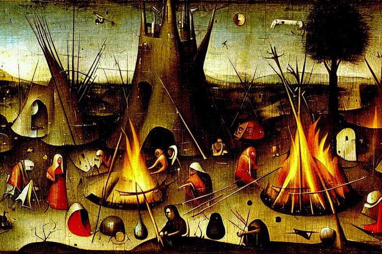 Prompt: hieronymus bosch painting of a campsite with bonfire