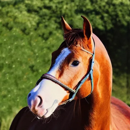 Image similar to full photo of a horse with a cat-head