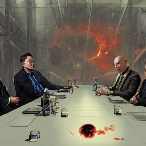 Image similar to illustration of a meeting between elon musk, mark zuckenberg, jeff bezos, very clear face, high quality, very detailled, by artgem, by david rutkowski, greg ruthowski, yoji shinkawa, ruan jia