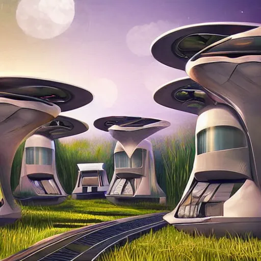 Prompt: beautiful happy picturesque charming organic futuristic sci - fi town of pod homes integrated in nature. beautiful light. grainy and rough. soft colour scheme. beautiful artistic vector graphic design art by lurid. ( 2 0 2 2 )