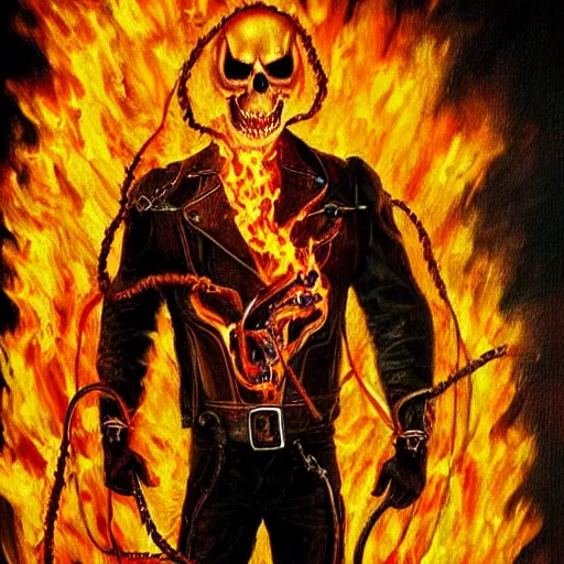 Image similar to Ghost rider oil painting hyper realistic 4K quality