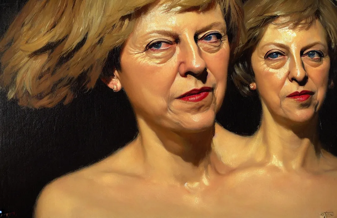 Image similar to portrait of theresa may!!!!!!!!!!!!!!!!!!!!!!!!!!!, detailed face, detailed painting, epic lighting, by ilya repin, phil hale and kent williams