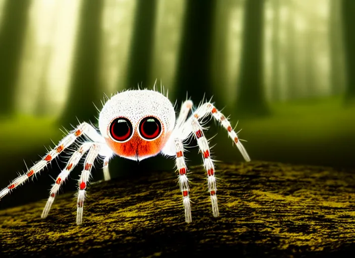 Prompt: white crystal clear spider with huge red eyes, in a forest. highly detailed 8 k. intricate. lifelike. soft light. fantasy horror style. cinematic post - processing