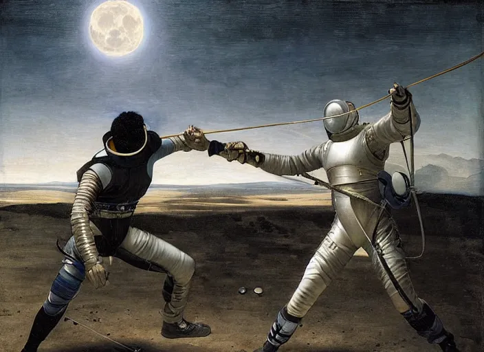 Image similar to a fencing match on the moon by edgar maxence and caravaggio and michael whelan and delacroix style, artistic, intricate painting, cinematic lighting, hyper realistic, extremely detailed, establishing shot, 8 k resolution, dramatic lighting