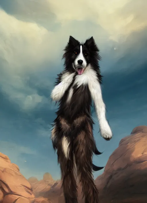 Prompt: beautiful wide angle full body portrait of a cute male anthropomorphic anthro border collie fursona in a desert, character design by charlie bowater, henry asencio, and ross tran, scenic background, detailed, glamor pose, aesthetic, furry, trending on artstation, furaffinity, deviantart