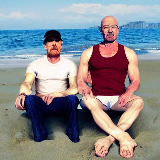 Image similar to walter white and ironman sitting on the beach