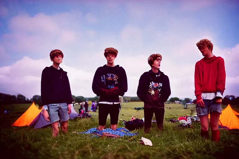 Image similar to candid photo of 3 teenagers camping at Glastonbury, UK, Kodak Portra 200,8K,highly detailed: beautiful perspective closeup environmental portrait photo in style of 2000s retrofuturism, cinema lighting , by beksinski, photography fashion edition, tilt shift, highly detailed, focus on man ;blonde hair;blue eyes, clear eyes, soft lighting