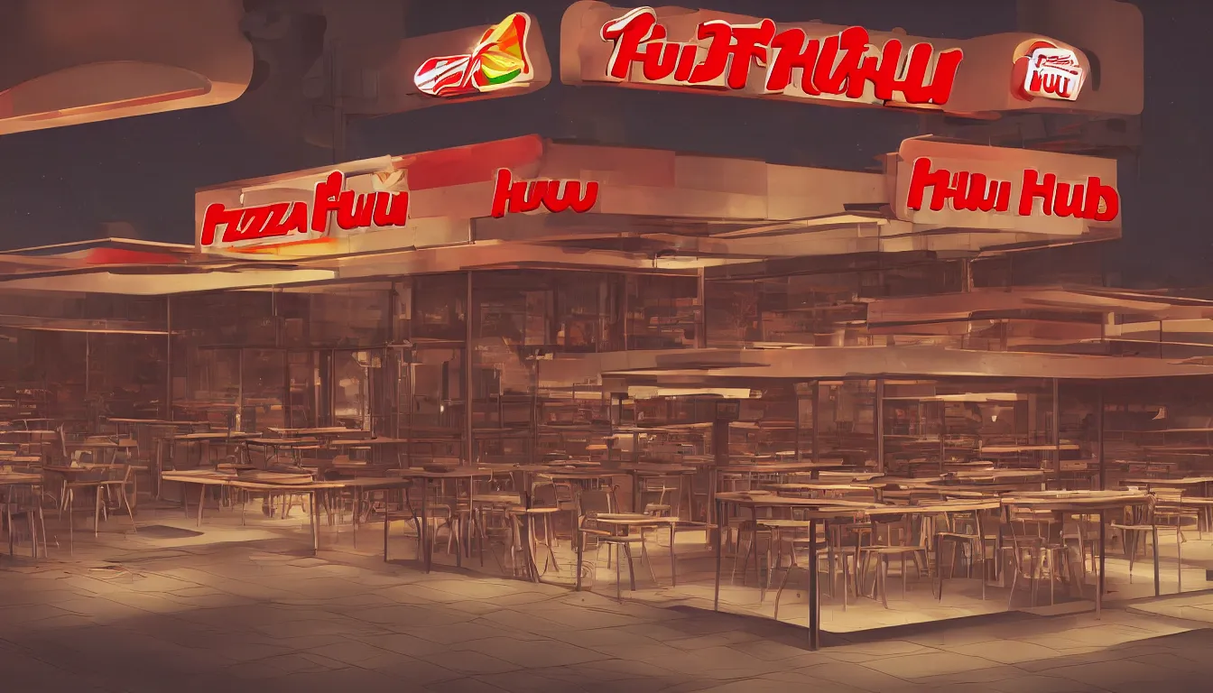 Image similar to futuristic Pizza Hut at night, photorealistic, cinematic, trending on artstation