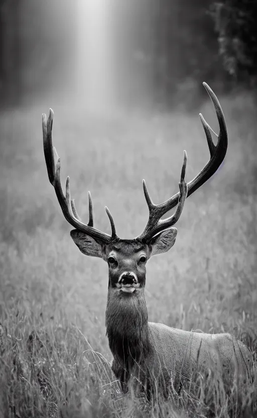 Prompt: a portrait of a mighty and wise deer king with antlers looking straight in the camera, there is tall grass, dark forest in the background, phenomenal photography, ambient light, sunrays from the left, 8 5 mm f 1. 8, composition by robert capa