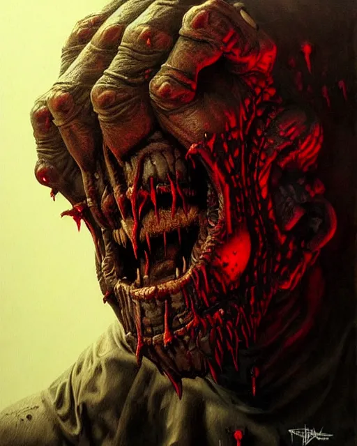 Image similar to doomfist from overwatch, rage, evil zombie, character portrait, portrait, close up, concept art, intricate details, highly detailed, horror poster, horror, vintage horror art, realistic, terrifying, in the style of michael whelan, beksinski, and gustave dore