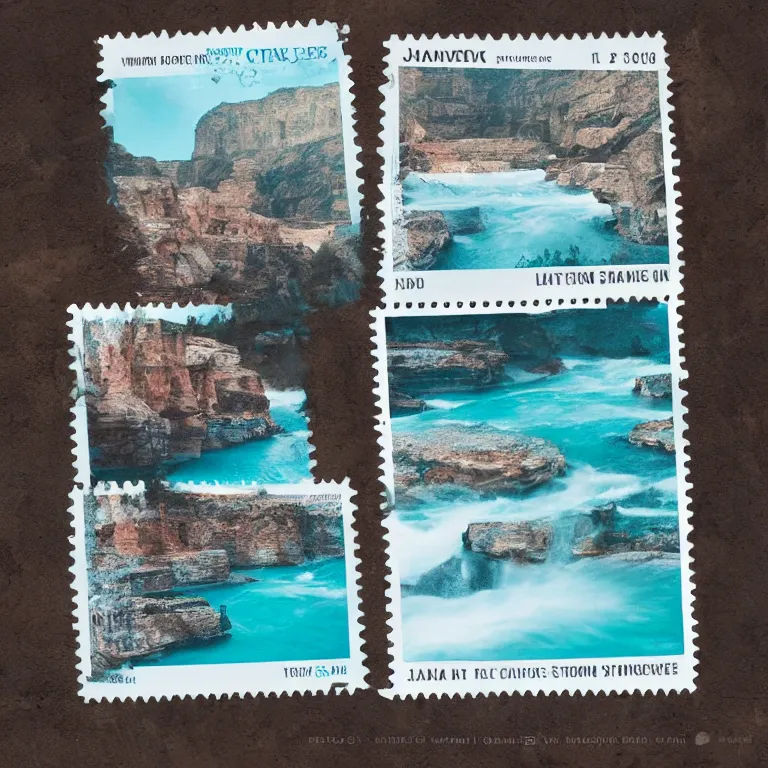 Image similar to stamps of a turquoise canyon, film, soft lighting, album art