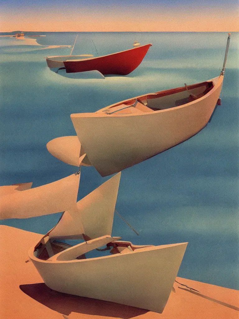 Prompt: a neo retro poster a boat near dune du Pilat at bassin d'arcachon, pale gradients design, matte drawing, clean and simple design, outrun color palette, australian tonalism, painted by Morandi, Agnes Pelton