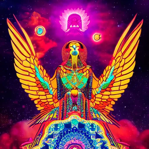 Prompt: the new aeon horus sits on a cloud throne commanding his followers below, lisa frank pattern best image ever highest detail most thoughtful award winning