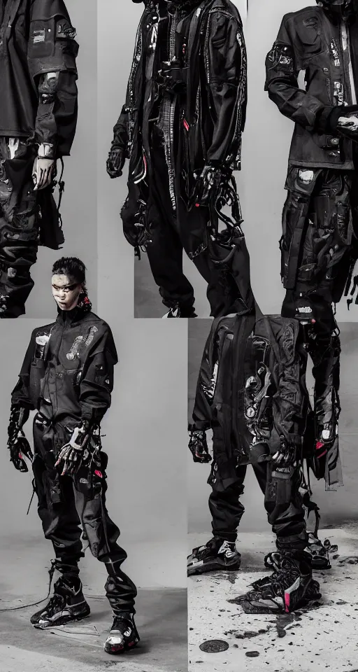 Image similar to cyberpunk techwear streetwear look and clothes, we can see them from feet to head, highly detailed and intricate, beautiful bright colors, hypermaximalist, futuristic, cyberpunk setting, luxury, elite, cinematic, techwear fashion, Errolson Hugh, Sacai, Nike ACG, Yohji Yamamoto, Y3, ACRNYM, outfit photo