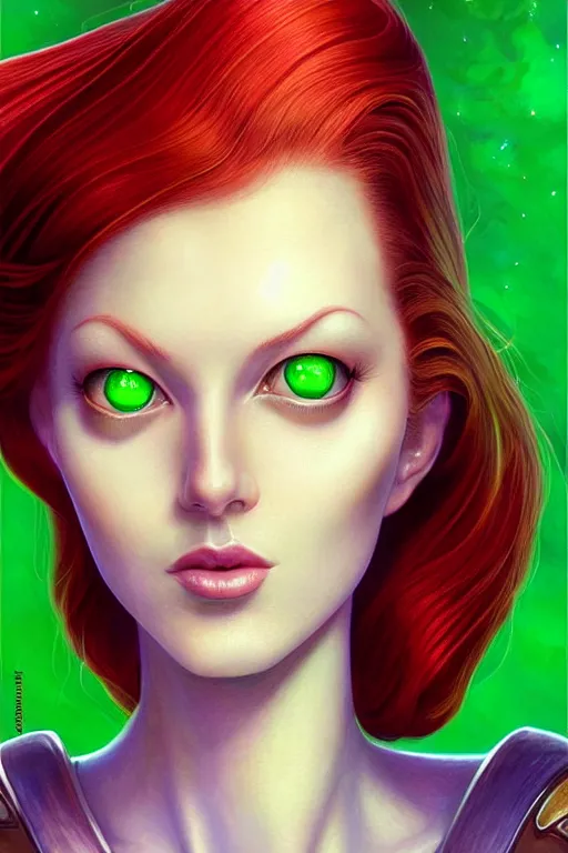 Image similar to Redhead Pleiadian alien human beautiful hybrid feminine woman, with stunning green eyes, cute symmetrical round face and a roundish nose, as a retro futuristic heroine, gorgeous digital painting, artstation, concept art, smooth, sharp focus, illustration, art by artgerm and donato giancola and Joseph Christian Leyendecker, Ross Tran, WLOP