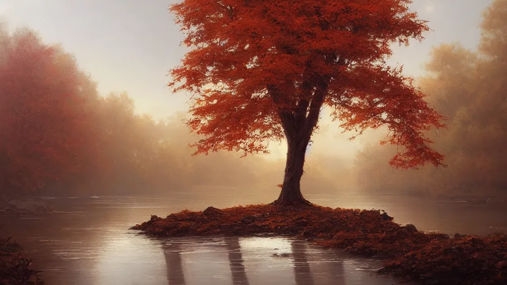 Image similar to A beautiful oil painting of a single tree, the tree is in the rule of thirds, the fall has arrived and the leafs started to become golden and red, the river is flowing its way, the river has lots of dark grey rocks, oil painting by Greg Rutkowski