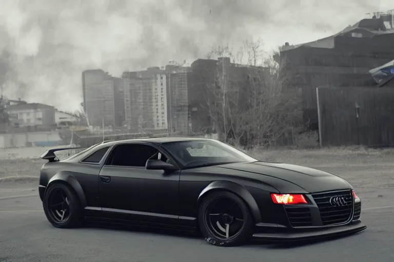 Prompt: widebody all black audi camaro b 6 ( 2 0 0 5 ), need for speed : carbon, at night, sci - fi, neon lines, phonk music background, smoke behind wheels, noise, dark, establishing shot, by simon stalenhag