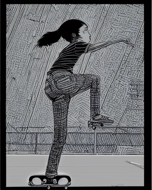 Image similar to wide shot of a young pretty skater skateboard skateboarder 1985 skatergirl style, graphic novel art by Jean Giraud, black and white, pastel color, neon color