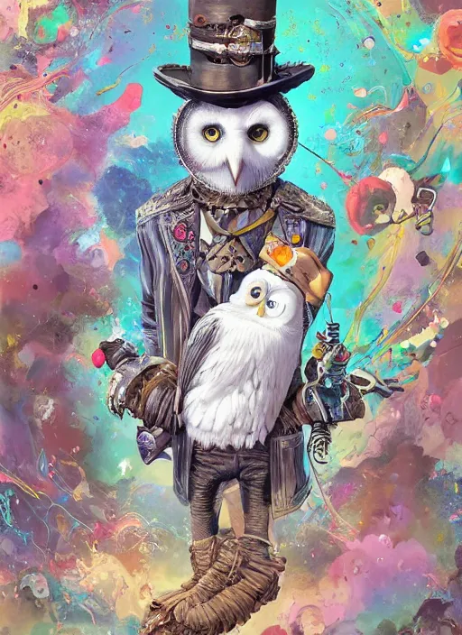 Image similar to anthropomorphic wise wealthy white - owl travels through time via steampunk portals, pixiv fanbox, dramatic lighting, maximalist pastel color palette, splatter paint, pixar and disney exploded - view drawing, graphic novel by fiona staples and dustin nguyen, peter elson, alan bean, wangechi mutu, clean cel shaded vector art, trending on artstation