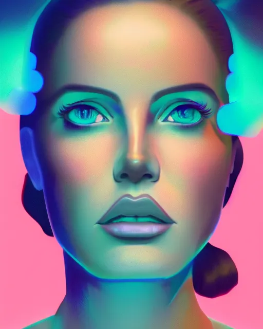 Image similar to portrait of lana del rey as a cyborg. intricate abstract. intricate artwork blue and pink lighting, by tooth wu, wlop, beeple, dan mumford. concept art, octane render, trending on artstation, greg rutkowski very coherent symmetrical artwork. cinematic, key art, hyper realism, high detail, octane render, 8 k, iridescent accents