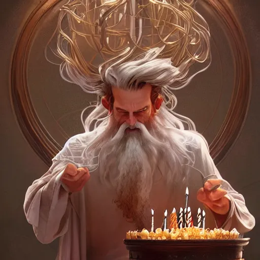 Prompt: a yound deshelved wizard with crazy hair blowing out his birthday candles, art by artgerm and greg rutkowski and alphonse mucha, concept art, octane render, unreal engine 5, highly detailed, high quality, 8 k, soft lighting, realistic face, path traced