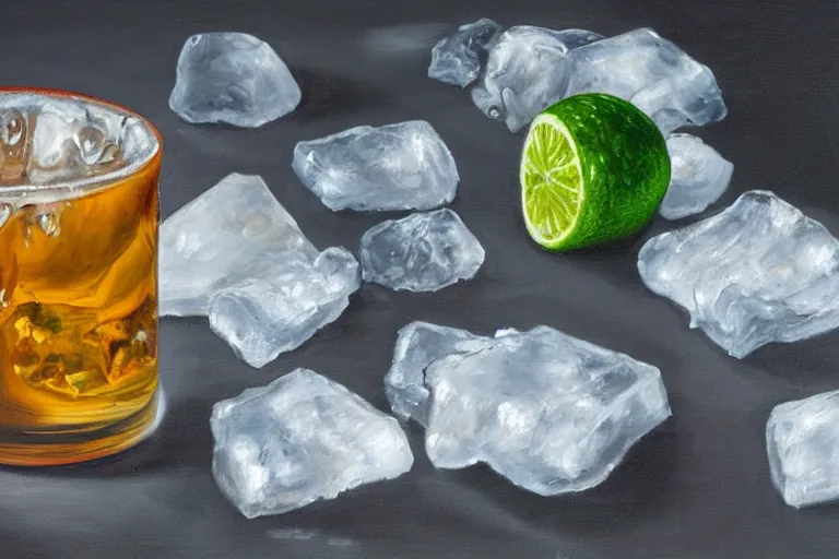 Prompt: oil painting portrait of an ice cube starting to melt in the forefront surrounded by a lime wedge, an empty bottle of tequila and ( fallen salt shaker ). black background