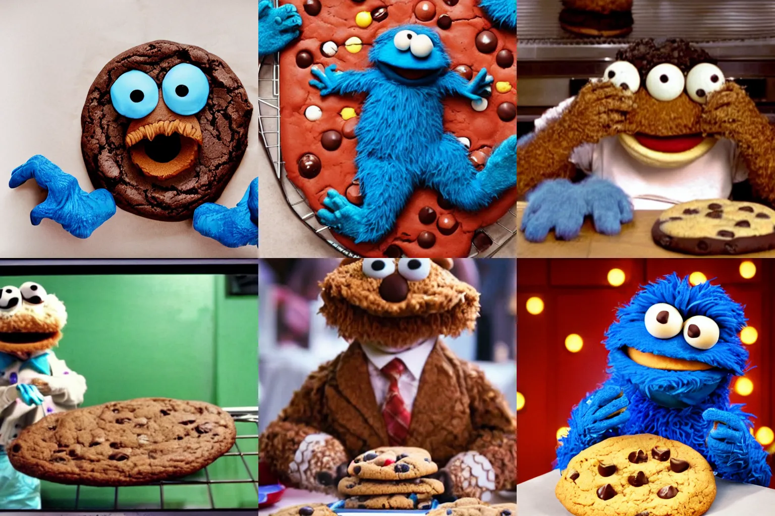 Prompt: the cookie monster trying to eat a giant chocolate cookie, frame from the muppets movie