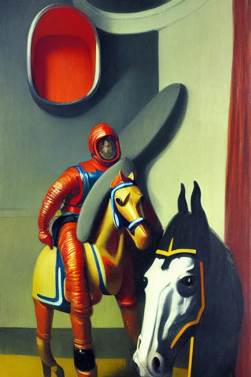 Image similar to man in horse costume, horse in costume astronaut, horse racing, astronaut helmet on horseback, hauntingly surreal, highly detailed painting by francis bacon, edward hopper, adrian ghenie, gerhard richter, and james jean soft light 4 k,