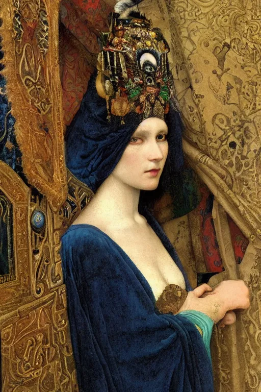 Prompt: portrait of the queen of crows, by Donato Giancola and John Bauer and John William Godward and Vermeer, embroidered velvet, iridescent beetles, rich color, ornate headdress, flowing robes, lost runes, ancient civilizations,featured on Artstation, cgisociety, unreal engine, extremely detailed