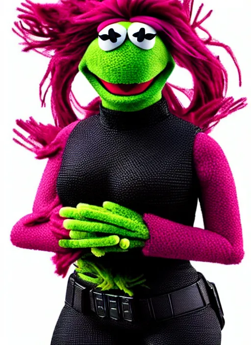 Prompt: studio portrait still of muppet!!!!! black widow!!!!!! from avengers infinity war as a muppet muppet as a muppet, 8 k, studio lighting, key light,