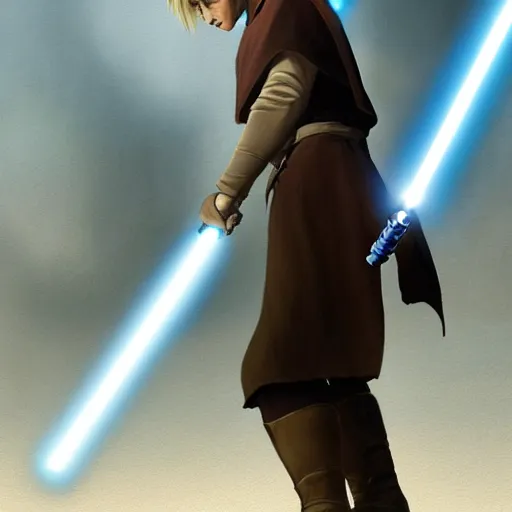 Image similar to full body Over-the-Shoulder Shot of a young blonde male jedi with short hair with his blue lightsaber is ignited illuminating him and the scene, concept art by Doug Chiang cinematic concept art, realistic painting, high definition, digital art, matte painting, symmetrical, very detailed, realistic, dramatic lighting, cinematic, establishing shot, extremely high detail, photo realistic, cinematic lighting, post processed, concept art, artstation, matte painting, red color scheme, the Mandalorian concept art style