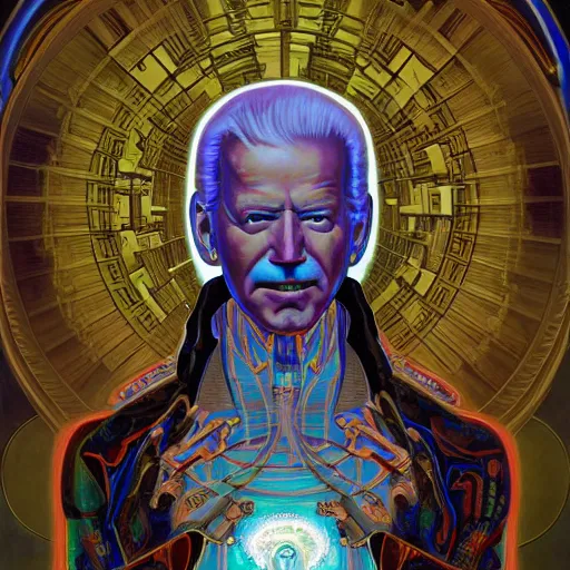 Prompt: cyberpunk bodhisattva joe biden by alex grey, jon mcnaughton, alphonse mucha, rembrandt, and william blake