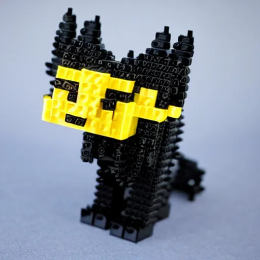 Prompt: a black cat with yellow eyes made out of legos