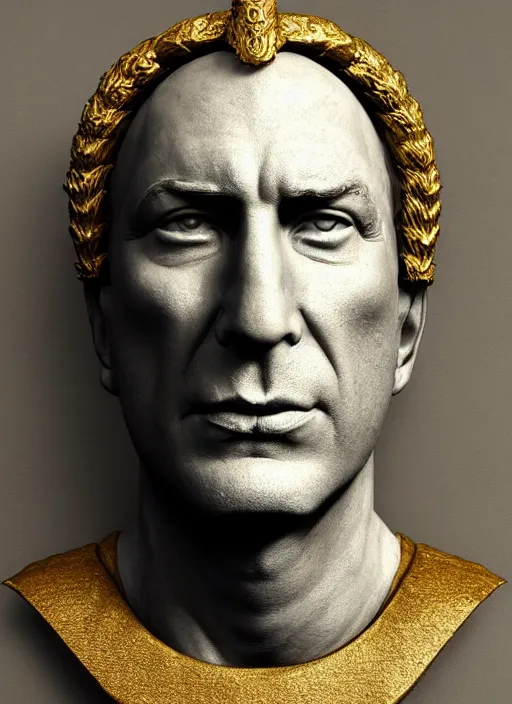 Image similar to portrait of bob odenkirk in cement, with a gold laurel wreath on head, dramatic rendering, fantasy, medieval wear, intricate, elegant, highly detailed, artstation, concept art, smooth, sharp focus, sculpture!!