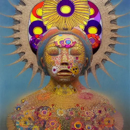 Image similar to the queen of the sun by takashi murakami and zdzisław beksiński, full body, oil on canvas, intricately detailed artwork, full 8k high quality resolution, recently just found unknown masterpiece