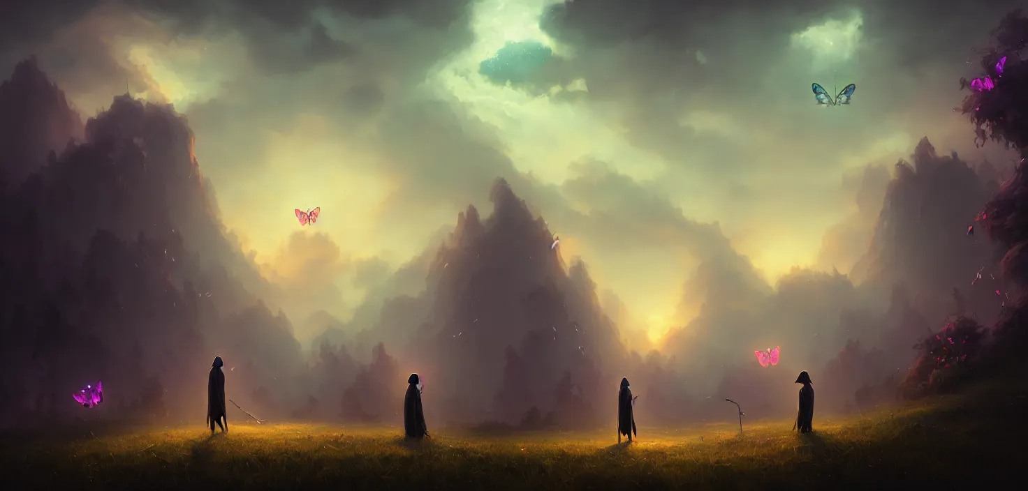 Prompt: the death as know as grim reaper seducing the child with glowing butterflies, cinematic view, epic sky, detailed, concept art, low angle, high detail, warm lighting, volumetric, godrays, vivid, beautiful, trending on artstation, by jordan grimmer, huge scene, grass, art greg rutkowski