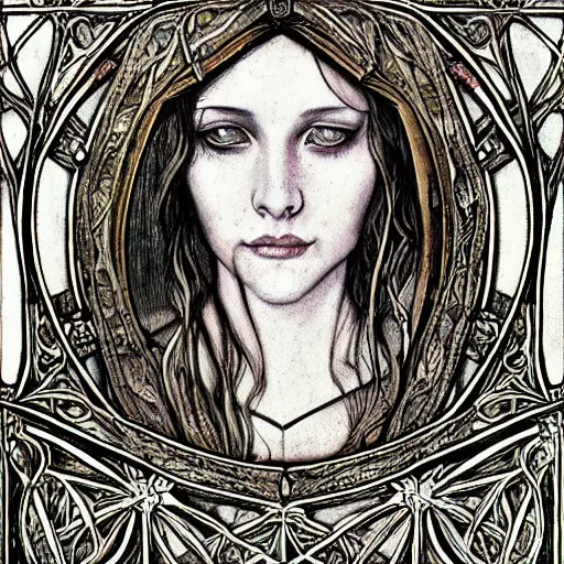 Prompt: detailed realistic beautiful young medieval queen face portrait by tony diterlizzi, art nouveau, symbolist, visionary, gothic, pre - raphaelite