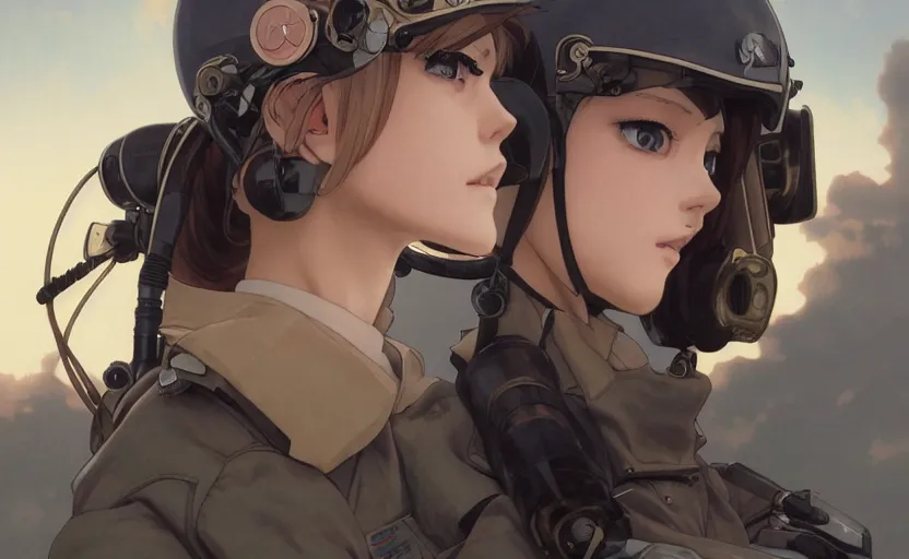 Image similar to pilot girl, cyborg aircraft parts, anime style, vintage pilot clothing, shoulder eyes, last exile anime, hair down, symmetrical facial features, from arknights, hyper realistic, 4 k, rule of thirds, extreme detail, detailed drawing, trending artstation, realistic lighting, by alphonse mucha, greg rutkowski, military airport in bg