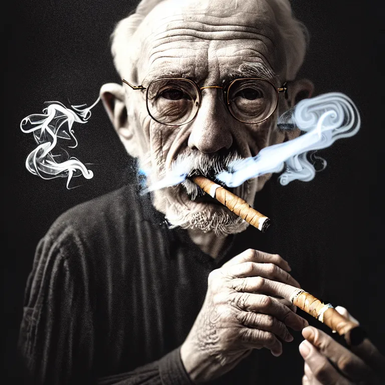 Image similar to a intricately detailed portrait of an old man, smoking a lit symmetrical cuban cigar in an pub, cinematic photography, smoke rising like clouds, beautifully symmetrical, super resolution, cgi, trending on art station, volumetric lighting & shadows, hyper detailed, 8 k, digital art, unreal engine, in the style of a escher, canon 2 0 0 mm,