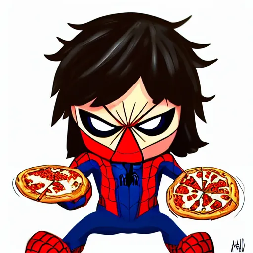 Image similar to digital illustration of cute chibi unmasked spiderman eating pizza, trending in artstation, highly detailed, award-winning, official marvel comics, cute, happy