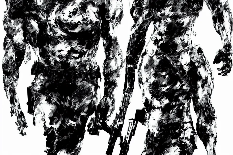 Image similar to a full - body portrait of shinzo abe, in yoji shinkawa's art style, metal gear solid art style highly detailed, 4 k, artistic, white background, b & w