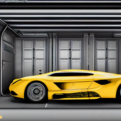 Prompt: garage of luxury car, fiction, pop art stability, photorealistic, intricate, elegant, 8 k, uhd, justify, realistic, concept art, matte, sharp focus, photography, consistent, highly detailed object content, proportional object content