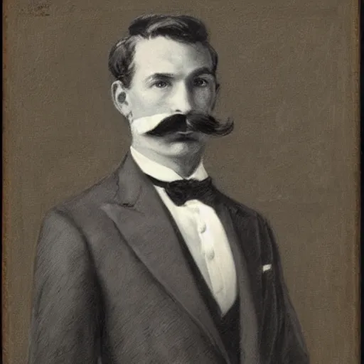 Image similar to gentleman action hero, suit, bow tie, mustache, by alfred stevens in charcoal