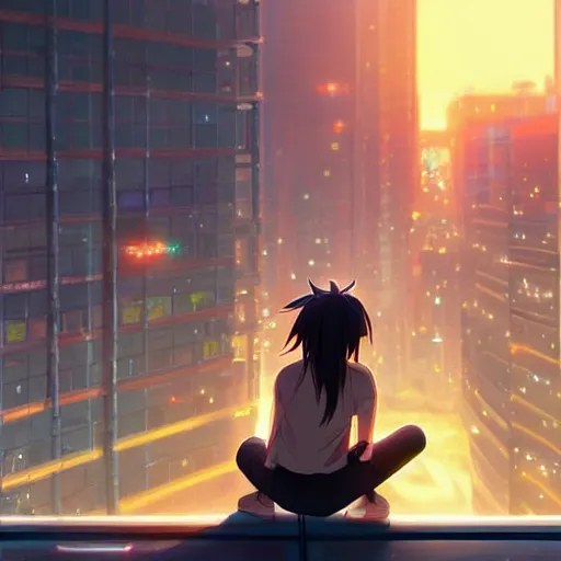 Image similar to beautiful anime painting of a woman with dark - blue hair sitting on a rooftop in a cyberpunk city, nighttime, by makoto shinkai, kimi no na wa, artstation, atmospheric, high detail