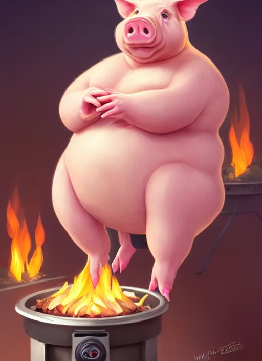 Image similar to Full body Chubby Pig character portrait of a female humanoid pig by Mark Arian. She has a cute beautiful attractive detailed pig snout. She is Sitting on a stove oven where the fire is burning from underneath her visibly. Character design by charlie bowater, ross tran, artgerm, and makoto shinkai, detailed, inked, western comic book art