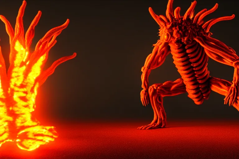 Image similar to fire creature made out of a humanoid nervous system with large meaty spikes all over the body, cinematic, volumetric lighting, f 8 aperture, cinematic eastman 5 3 8 4 film, photorealistic