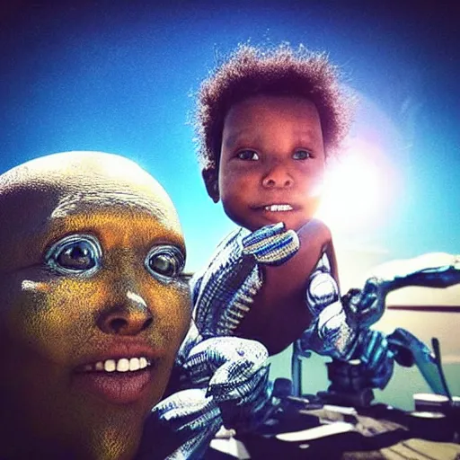 Image similar to “ our humanoid descendants in the year 2 2 0 0 taking a selfie on their sci - fi planet, award - winning details ”