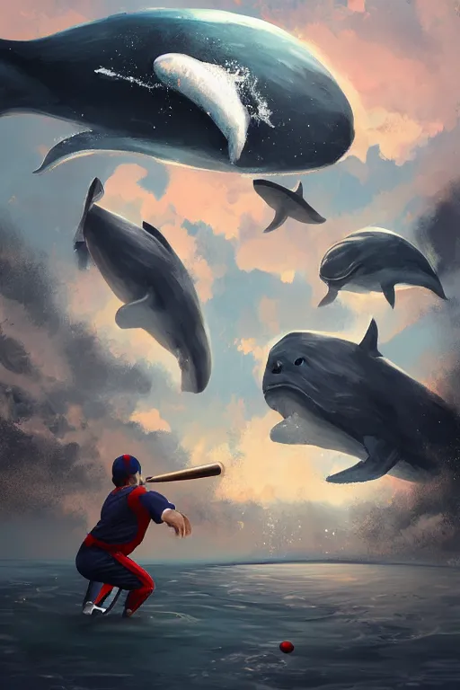 Image similar to people playing baseball while whales fly in the sky, digital art, artstation trending, digital painting