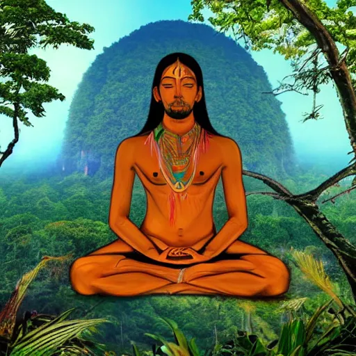 Prompt: human meditating supreme peace immense knowledge amazon jungle in background impending doom dmt art