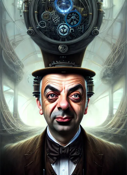 Image similar to steampunk portrait of rowan sebastian atkinson, fractal background, by tomasz alen kopera and peter mohrbacher